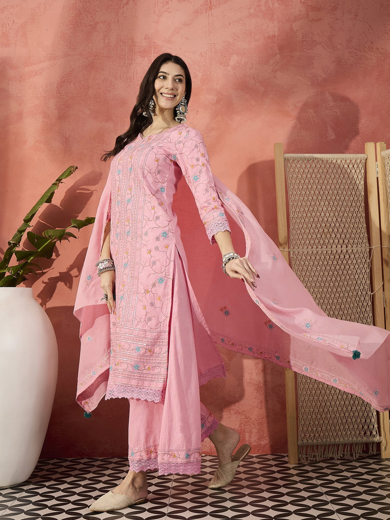 Women Pink Cotton Embroidered Straight Kurta Set with Dupatta