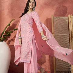 Women Pink Cotton Embroidered Straight Kurta Set with Dupatta