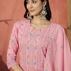 Women Pink Cotton Embroidered Straight Kurta Set with Dupatta