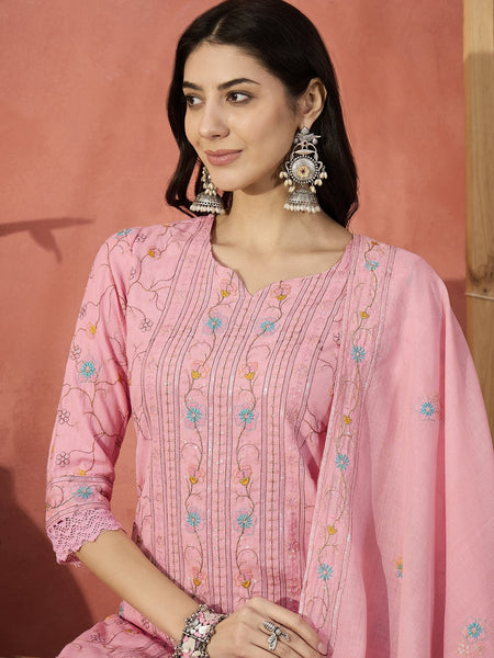 Women Pink Cotton Embroidered Straight Kurta Set with Dupatta