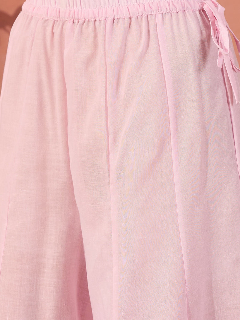 Women Pink Embroidered Pure Cotton V-Neck Anarkali Kurta & Trousers With Dupatta
