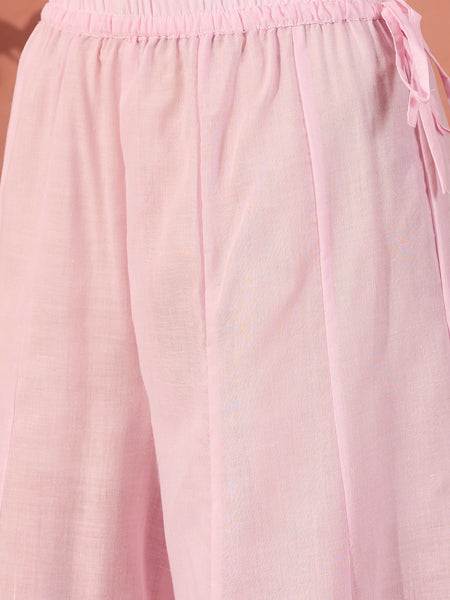 Women Pink Embroidered Pure Cotton V-Neck Anarkali Kurta & Trousers With Dupatta