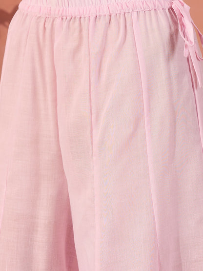 Women Pink Embroidered Pure Cotton V-Neck Anarkali Kurta & Trousers With Dupatta