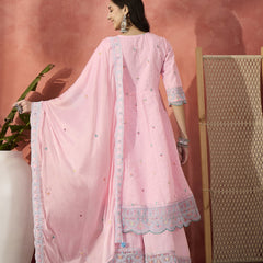 Women Pink Embroidered Pure Cotton V-Neck Anarkali Kurta & Trousers With Dupatta