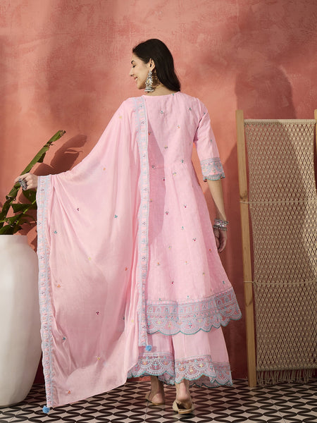 Women Pink Embroidered Pure Cotton V-Neck Anarkali Kurta & Trousers With Dupatta
