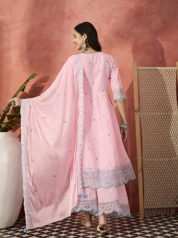 Sangria Pink Color Embroidered Pure Cotton Anarkali Kurta & Trousers With Dupatta