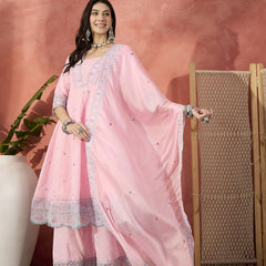 Women Pink Embroidered Pure Cotton V-Neck Anarkali Kurta & Trousers With Dupatta