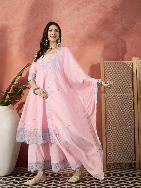 Women Pink Embroidered Pure Cotton V-Neck Anarkali Kurta & Trousers With Dupatta