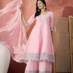 Women Pink Embroidered Pure Cotton V-Neck Anarkali Kurta & Trousers With Dupatta