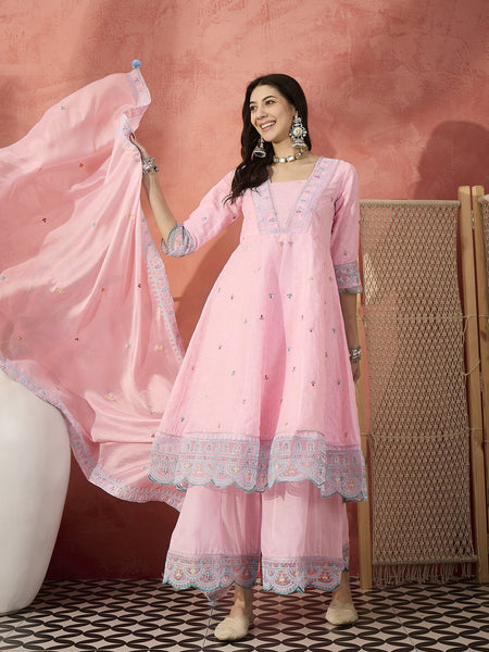 Women Pink Embroidered Pure Cotton V-Neck Anarkali Kurta & Trousers With Dupatta