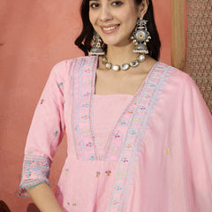 Women Pink Embroidered Pure Cotton V-Neck Anarkali Kurta & Trousers With Dupatta