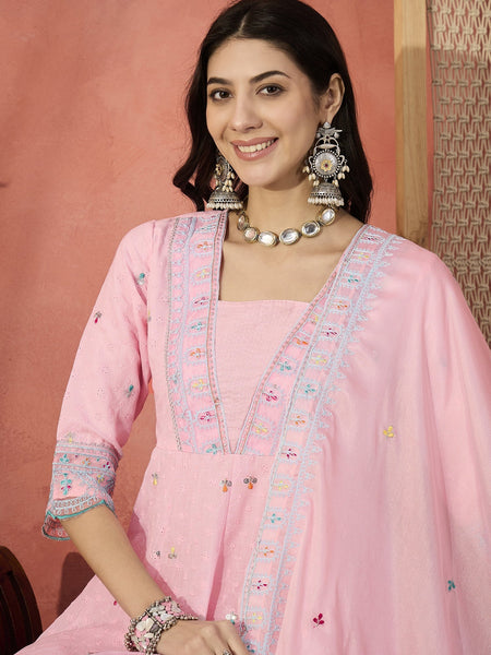 Women Pink Embroidered Pure Cotton V-Neck Anarkali Kurta & Trousers With Dupatta