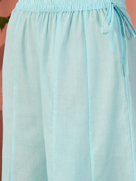 Women Turquoies Blue Embroidered Pure Cotton V-Neck Anarkali Kurta & Trousers With Dupatta