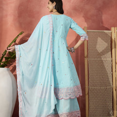 Women Turquoies Blue Embroidered Pure Cotton V-Neck Anarkali Kurta & Trousers With Dupatta