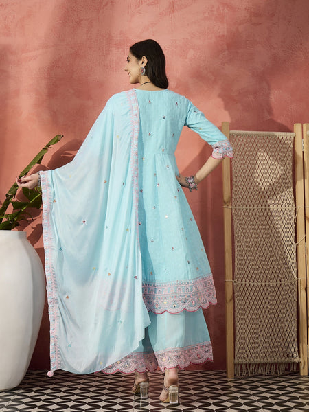 Women Turquoies Blue Embroidered Pure Cotton V-Neck Anarkali Kurta & Trousers With Dupatta