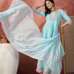 Women Turquoies Blue Embroidered Pure Cotton V-Neck Anarkali Kurta & Trousers With Dupatta