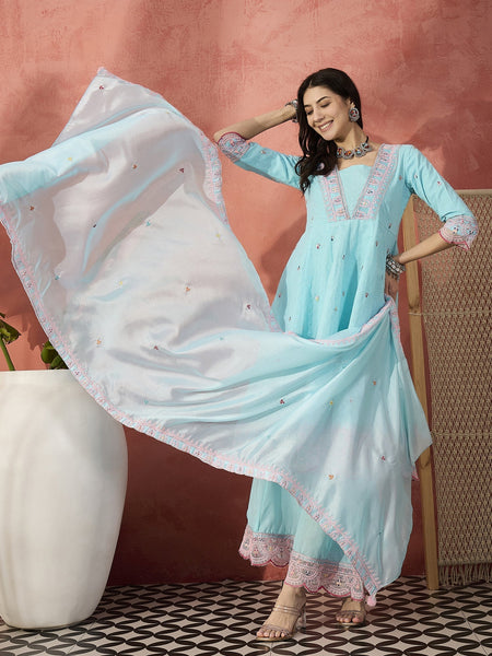 Women Turquoies Blue Embroidered Pure Cotton V-Neck Anarkali Kurta & Trousers With Dupatta