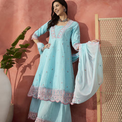 Women Turquoies Blue Embroidered Pure Cotton V-Neck Anarkali Kurta & Trousers With Dupatta