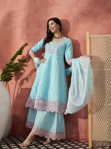 Women Turquoies Blue Embroidered Pure Cotton V-Neck Anarkali Kurta & Trousers With Dupatta