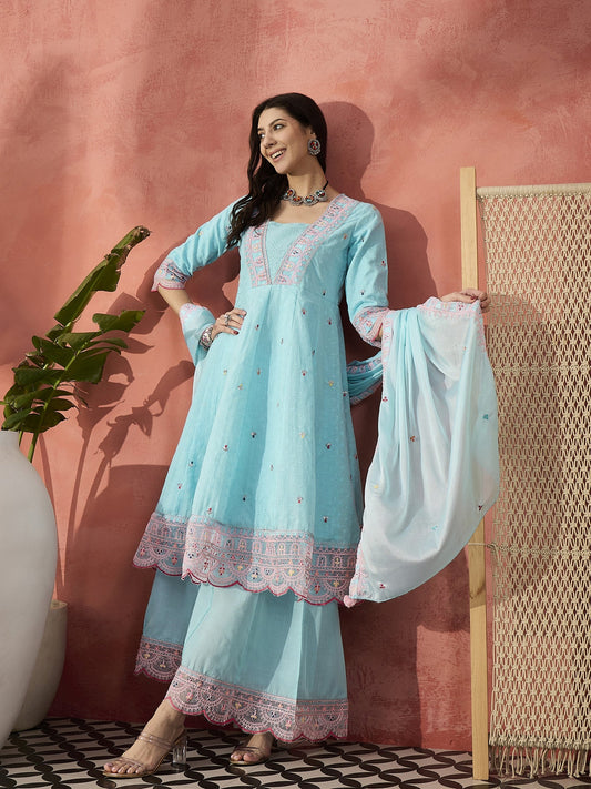 Anushka in Embroidered Anarkali Kurta Set in Turquoise Blue