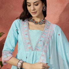 Women Turquoies Blue Embroidered Pure Cotton V-Neck Anarkali Kurta & Trousers With Dupatta