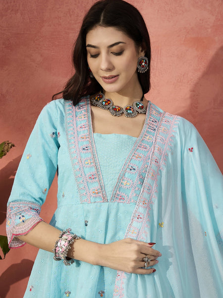 Women Turquoies Blue Embroidered Pure Cotton V-Neck Anarkali Kurta & Trousers With Dupatta
