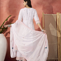 Women White Embroidered Pure Cotton V-Neck Anarkali Kurta & Trousers With Dupatta