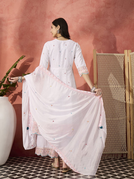 Women White Embroidered Pure Cotton V-Neck Anarkali Kurta & Trousers With Dupatta
