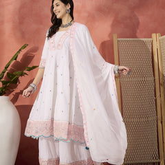 Women White Embroidered Pure Cotton V-Neck Anarkali Kurta & Trousers With Dupatta