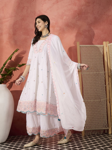 Women White Embroidered Pure Cotton V-Neck Anarkali Kurta & Trousers With Dupatta