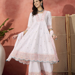 Women White Embroidered Pure Cotton V-Neck Anarkali Kurta & Trousers With Dupatta