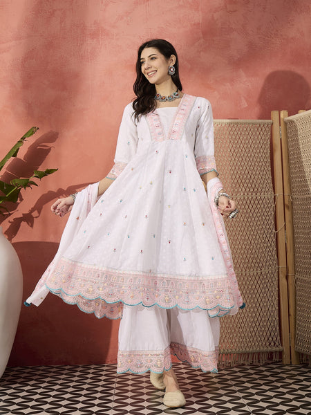 Women White Embroidered Pure Cotton V-Neck Anarkali Kurta & Trousers With Dupatta