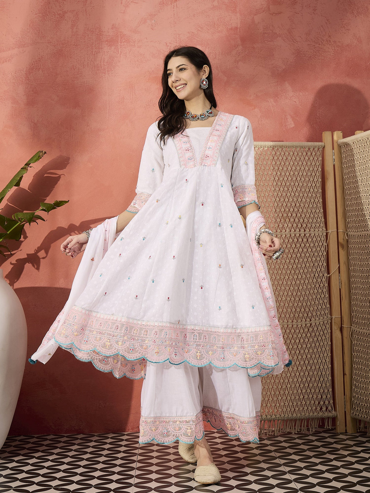 Sangria White Color Embroidered Pure Cotton Anarkali Kurta & Trousers With Dupatta