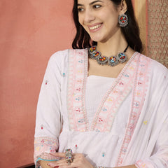 Women White Embroidered Pure Cotton V-Neck Anarkali Kurta & Trousers With Dupatta