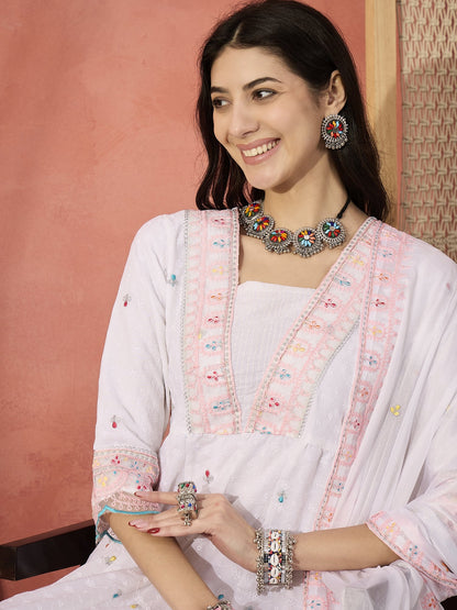 Women White Embroidered Pure Cotton V-Neck Anarkali Kurta & Trousers With Dupatta