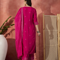 Women Pink Embroidered Straight Kurti Set with Silk Dupatta