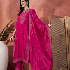 Women Pink Embroidered Straight Kurti Set with Silk Dupatta
