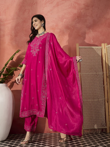 Women Pink Embroidered Straight Kurti Set with Silk Dupatta