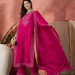 Women Pink Embroidered Straight Kurti Set with Silk Dupatta