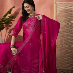 Women Pink Embroidered Straight Kurti Set with Silk Dupatta