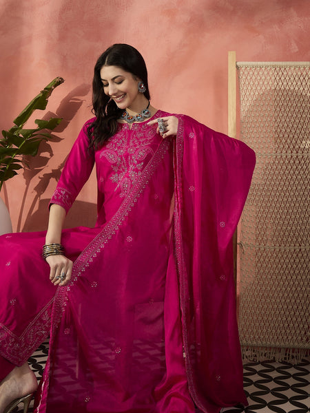Women Pink Embroidered Straight Kurti Set with Silk Dupatta