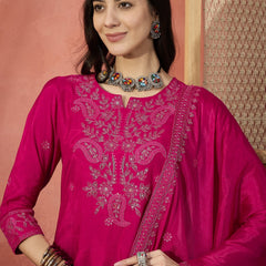 Women Pink Embroidered Straight Kurti Set with Silk Dupatta