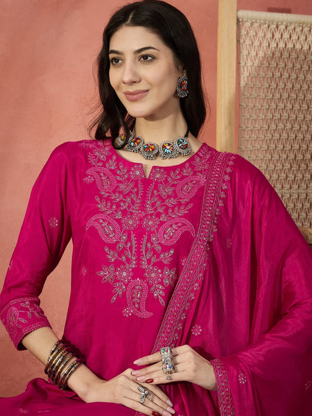 Women Pink Embroidered Straight Kurti Set with Silk Dupatta