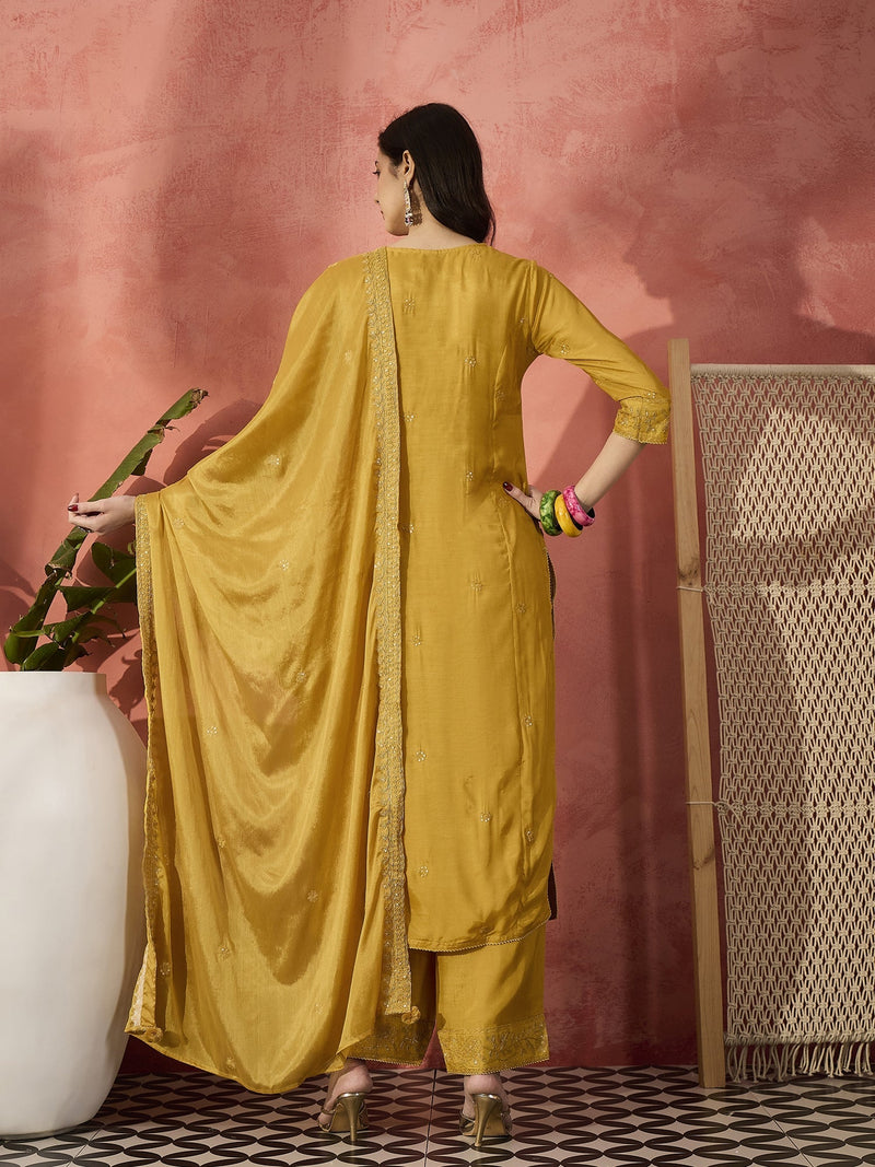 Women Mustard Floral Embroidered Notch Neck Straight Kurta With Trousers And Dupatta