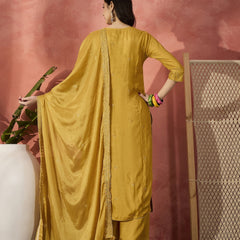 Women Mustard Floral Embroidered Notch Neck Straight Kurta With Trousers And Dupatta
