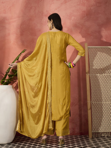 Sangria Mustard Color Embroidered Straight Kurta & Trousers With Dupatta