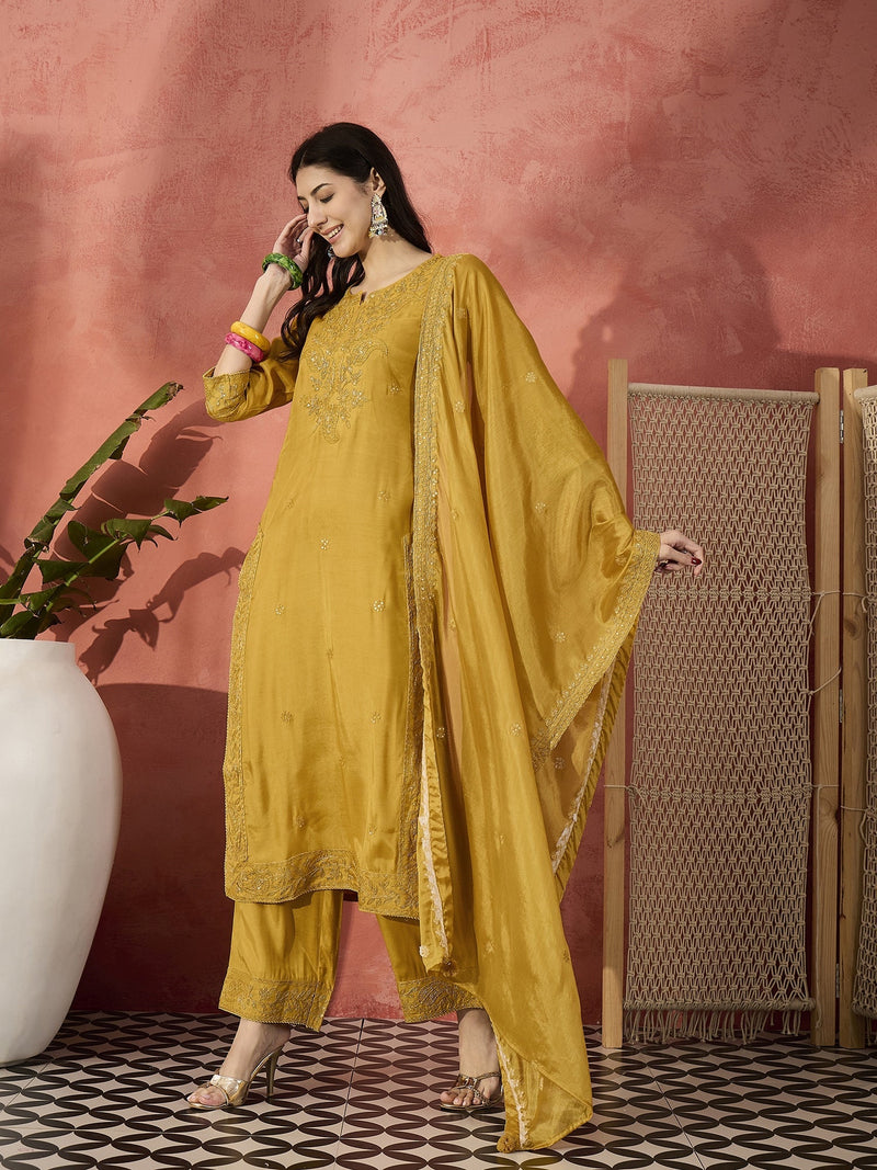 Women Mustard Floral Embroidered Notch Neck Straight Kurta With Trousers And Dupatta