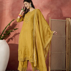 Women Mustard Floral Embroidered Notch Neck Straight Kurta With Trousers And Dupatta