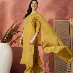 Women Mustard Floral Embroidered Notch Neck Straight Kurta With Trousers And Dupatta
