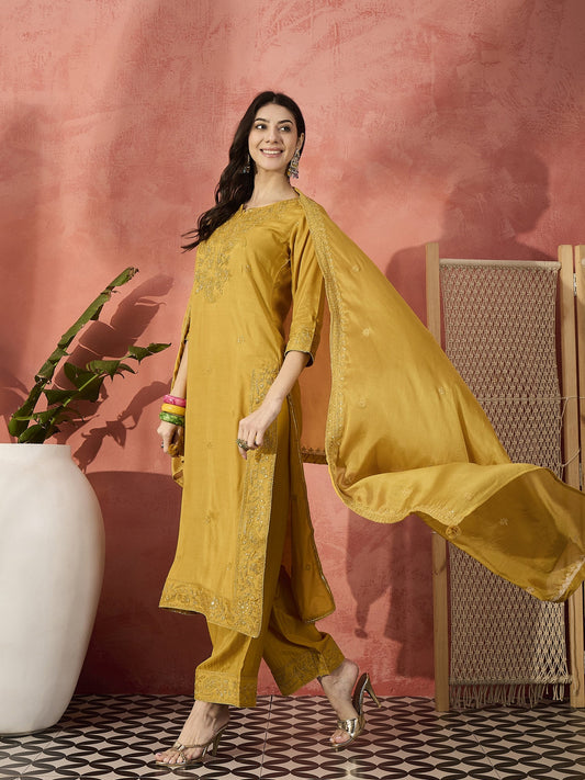 Women Mustard Floral Embroidered Notch Neck Straight Kurta With Trousers And Dupatta